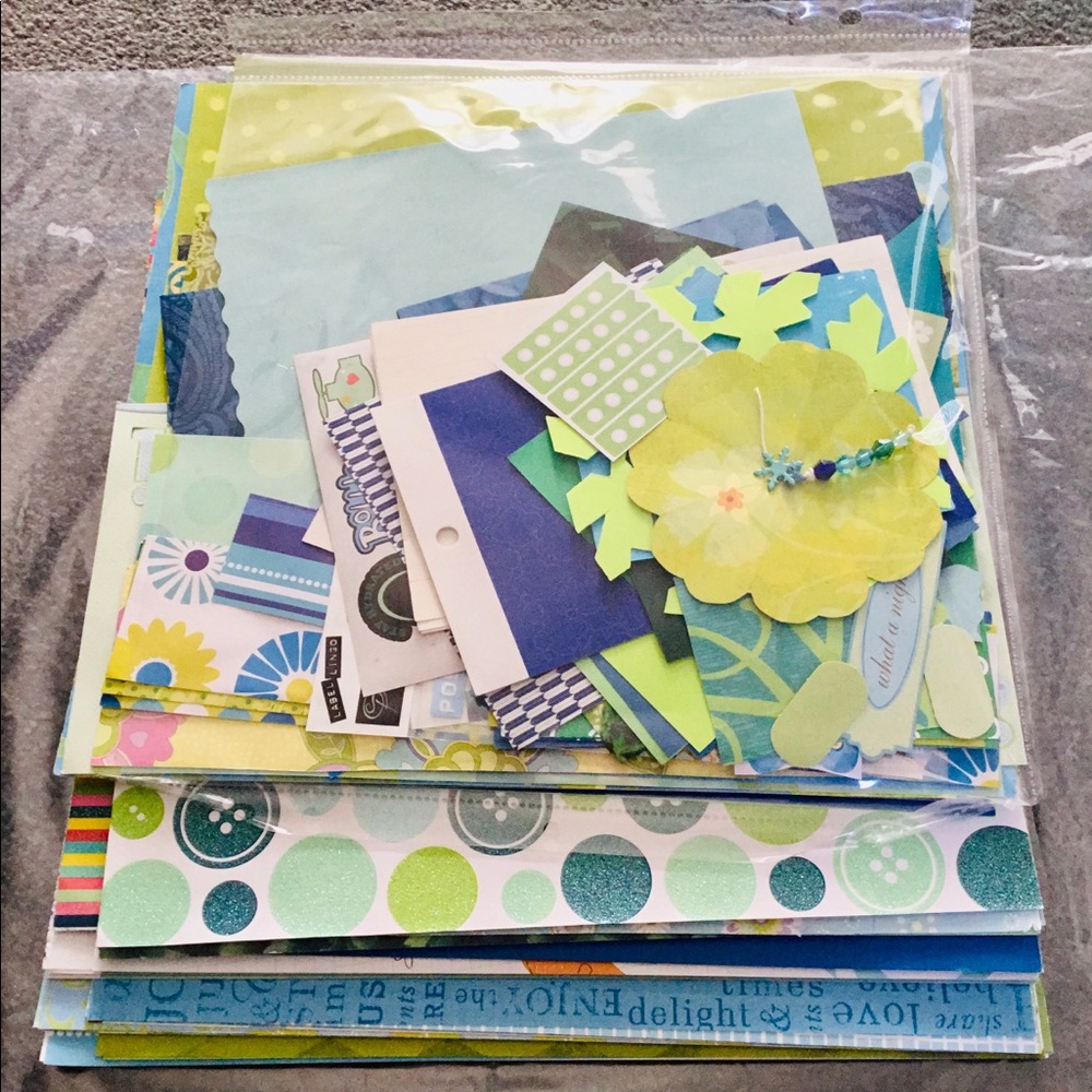 🌀3 LB LOT of Blue & Green Card Stock, Specialty Paper, Stickers, & Ephemera